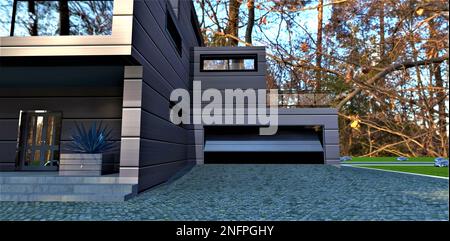 Schließendes Metalltor des Landhauses im alten Wald. Künstlicher Rasen in der Nähe des Hauses. Eingang rechts. 3D-Rendering. Stockfoto