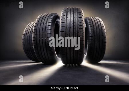 Nahaufnahme von vier Reifen gegen Schwarz Stockfoto