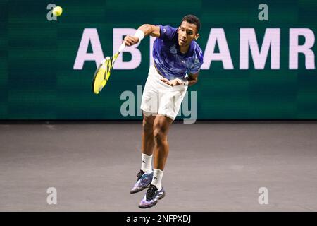 Rotterdam, Niederlande. 17. Februar 2023. ROTTERDAM, NIEDERLANDE - FEBRUAR 17: Felix Auger Aliassime von Kanada in Aktion während seines Viertelfinalspiels der Männer gegen Daniil Medwedew (Russland) am 5. Tag des 50. ABN AMRO Open im Rotterdam Ahoy am 17. Februar 2023 in Rotterdam, Niederlande (Foto von Joris Verwijst/BSR Agency) Kredit: Orange Pics BV/Alamy Live News Stockfoto