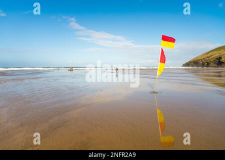 Flaggen der Rettungsschwimmer am Strand von Mawgan Porth in der Nähe von Newquay Cornwall England Stockfoto