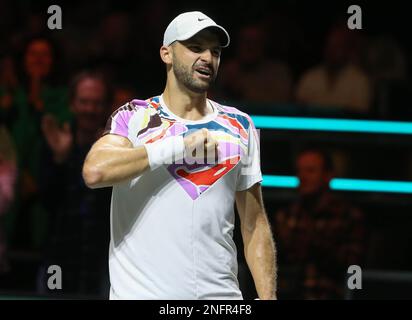 Rotterdam, Niederlande. 17. Februar 2023. Grigor Dimitrov aus Bulgarien nach seinem Spiel gegen Alex De Minaur aus Australien während des ABN Amro Open 2023, ATP 500 Tennis Turnier am 17. Februar 2023 in Rotterdam, Niederlande - Photo Laurent Lairys / DPPI Credit: DPPI Media/Alamy Live News Stockfoto
