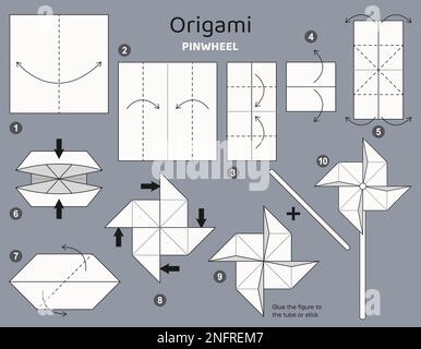 Origami-Tutorial. Das Origami-Schema Pinwheel für Kinder. Stock Vektor