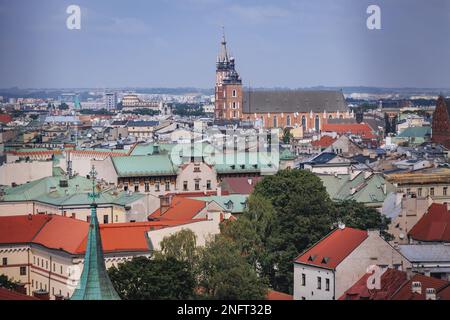 Blick aus der Vogelperspektive auf die Basilika St. Maria auf dem Hauptplatz in der Altstadt von Krakau, Woiwodschaft Kleinpolen von Polen Stockfoto
