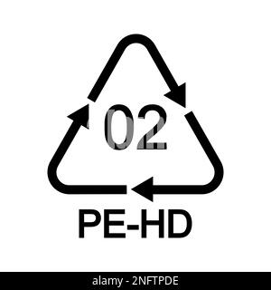 Recycling-Schild aus HDPE oder PE HD 02 in dreieckiger Form mit Pfeilen. Wiederverwendbares Kunststoffsymbol isoliert auf weißem Hintergrund. Umweltschutzkonzept Stock Vektor