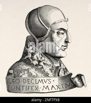Papst Leo X (1475-1521), geboren am Giovanni di Lorenzo de Medici. Papst von 1513 bis zu seinem Tod 1521. 16. Jahrhundert. Die Kunst des Mittelalters und zur Zeit der Renaissance von Paul Lacroix, 1874 Stockfoto