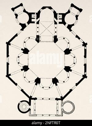 Grundriss der byzantinischen Kirche San Vitale aus dem 6. Jahrhundert in Ravenna, frühe christliche byzantinische Kunst und Architektur, Italien. Die Kunst des Mittelalters und zur Zeit der Renaissance von Paul Lacroix, 1874 Stockfoto