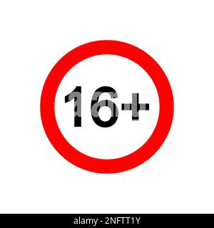 Sixteen plus Symbol. Nummer 16 in rotem Kreis isoliert auf weißem Hintergrund. Alterszensorsymbol. Beschriftung für Altersbeschränkung bei Filmwiedergabe. Vektordarstellung Stock Vektor