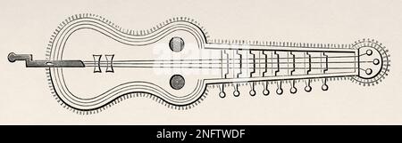 Das organistrum ist eine frühe Form von Hurdy-Gurdy. Der Vorfahre aller nachfolgenden Hurdy-Gurdies wurde von zwei Personen gespielt, von denen einer die Kurbel drehte, während der andere die Schlüssel nach oben zog, um die Tonhöhe der Melodie-Streicher im 9. Jahrhundert zu ändern. Die Kunst des Mittelalters und zur Zeit der Renaissance von Paul Lacroix, 1874 Stockfoto