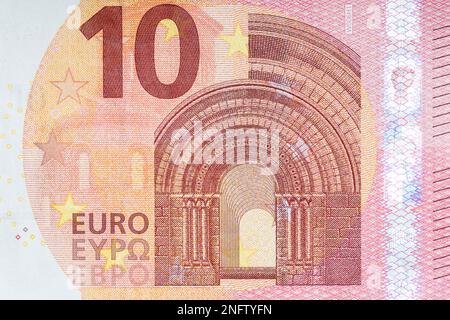 Nahaufnahme der 10-Euro-Banknote für Themen der Unternehmensfinanzierung. Weltwährungskonzept, Inflation und Wirtschaftskonzept. Währung im Detail. Stockfoto