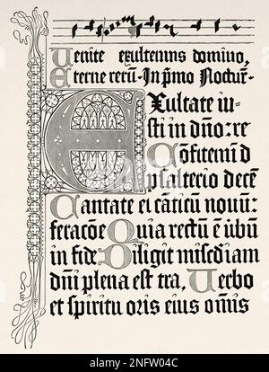 Fax einer Seite von Psalter von 1459, gedruckt in Mainz von Johann Fust und Petrus Schoiffer. Die Kunst des Mittelalters und zur Zeit der Renaissance von Paul Lacroix, 1874 Stockfoto