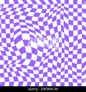 Verzerrte Schachbrettoberfläche. Überraschende optische Täuschung im 2yk-Stil. Psychedelisches Schwindelmuster mit verformten violetten und weißen Quadraten. Abgefahren Stock Vektor