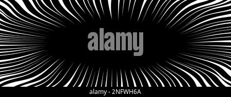 Verzerrte radiale weiße Linien auf schwarzem Hintergrund. Verdrehte Comic-Aufmerksamkeitsvorlage. Schock, Spritzer, Überraschung, Knall, Explosion, Schreie, Burst-Effekt Stock Vektor