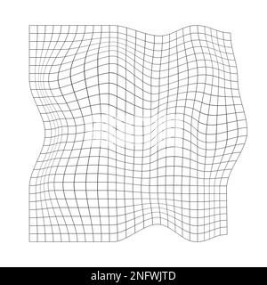 Verzerrtes quadratisches Gitter. Verformte Netzstruktur. Netz mit gekrümmtem Effekt. Unkontrollierte Musterverformung. Gebogene Gitteroberfläche, auf weiß isoliert Stock Vektor