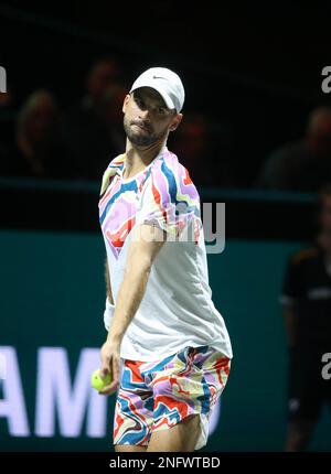 Rotterdam, Niederlande. 17. Februar 2023. Grigor Dimitrov (Bulgarien) im Kampf gegen Alex De Minaur (Australien) während der ABN Amro Open 2023, ATP 500 Tennis Turnier am 17. Februar 2023 in Rotterdam, Niederlande - Foto: Laurent Lairys / DPPI/LiveMedia Credit: Independent Photo Agency/Alamy Live News Stockfoto