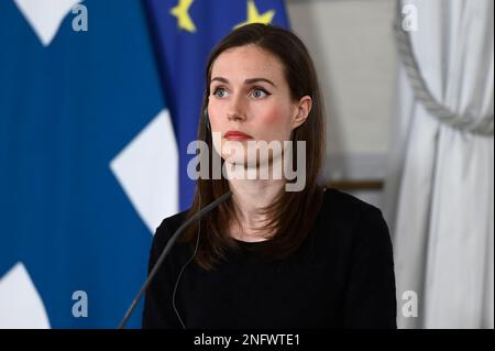 Wien, Österreich. 17. Februar 2023. Presseerklärung der Premierministerin der Republik Finnland Sanna Marin Stockfoto