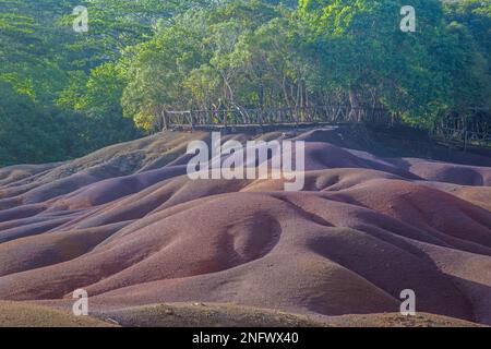 Chamarel, Rivière Noire District, Mauritius, Afrika, Februar 9., 2023, ein Gebiet mit natürlich vorkommenden mehrfarbigen Böden, ist eine Touristenattraktion. Stockfoto