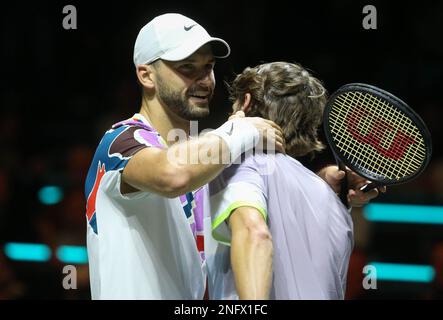 Rotterdam, Niederlande. 17. Februar 2023. Grigor Dimitrov aus Bulgarien nach seinem Spiel gegen Alex De Minaur aus Australien während der ABN Amro Open 2023, ATP 500 Tennis Turnier am 17. Februar 2023 in Rotterdam, Niederlande - Foto: Laurent Lairys / DPPI/LiveMedia Credit: Independent Photo Agency/Alamy Live News Stockfoto