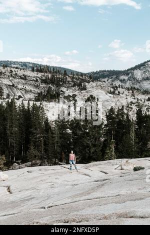 Frau, die auf den Felsen steht und den Blick auf den Wald und die Berge in der Natur betrachtet. Sommerwetter. Urlaub. Reisen und Vergnügen Stockfoto