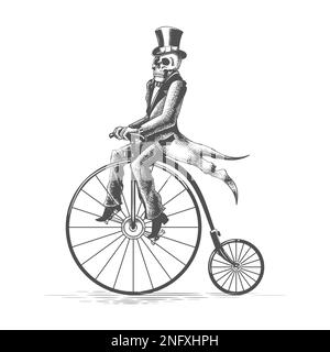 Tattoo von Skeleton in Dandy Clothes fährt auf einem Retro-Fahrrad isoliert auf Weiß. Vektordarstellung. Stock Vektor