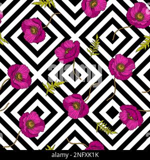 Vektorgeometrisches nahtloses Muster mit Mohnblumen. Abstrakter schwarzer Hintergrund im Art déco-Stil. Ornamente mit Rhombus und botanischen Elementen für Stock Vektor