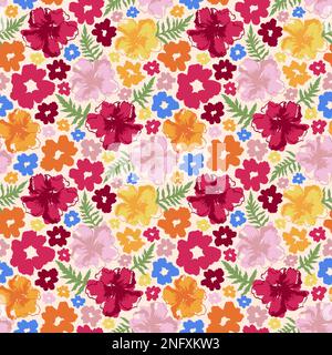 Blumiger nahtloser Vektorhintergrund. Endloses Muster mit wunderschönen, lebhaften Sommerblumen. Botanische Textur für Druck, Verpackung, Stoff, Textil. Stock Vektor