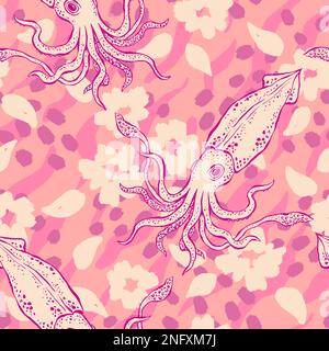 Nahtloser Vektorhintergrund in Rosa. Hübsches, niedliches, endloses Muster mit Tintenfisch und botanischen Elementen. Modedruck zum Packen, Textil, Stoff. Stock Vektor