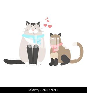 Ein paar verliebte lustige Katzen, Haustiere Vektordarstellung isoliert. Siamesische Katzen. Stock Vektor