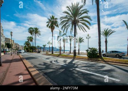 Fantastische Promenade des Anglais mit fantastischen Palmen und Spaziergängern (oder mit dem Fahrrad) in Nizza, Französische Riviera Sommer oder Frühling auf der berühmten RE Stockfoto