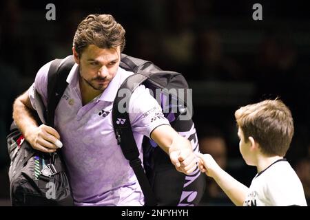 Rotterdam, Niederlande. 17. Februar 2023. ROTTERDAM, NIEDERLANDE - FEBRUAR 17: Stan Wawrinka aus der Schweiz reagiert vor dem Viertelfinale seiner Männer gegen Jannik Sünder aus Italien am 5. Tag der 50. ABN AMRO Open im Rotterdam Ahoy am 17. Februar 2023 in Rotterdam, Niederlande (Foto von Joris Verwijst/BSR Agency) Kredit: Orange Pics BV/Alamy Live News Stockfoto