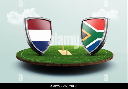 eine 3D-Darstellung von Südafrika gegen die Niederlande schildförmigen Flaggen auf dem Cricketstadion am Himmel Stockfoto