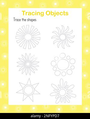 Verfolgen von Sonne lineare Bilder Handschrift Üben Vektordarstellung lehrreiches druckbares Arbeitsblatt, Zeichnen von Objekten Freizeitaktivität Lernkonzept, Spiel für Kinder Lehrerressourcen Stock Vektor