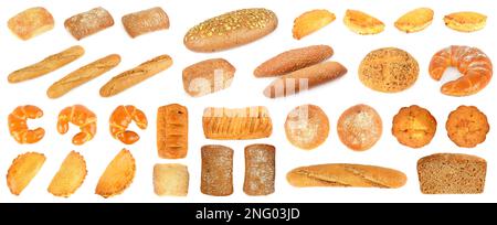 Große Auswahl an frischen Brotprodukten, isoliert auf weißem Hintergrund. Stockfoto