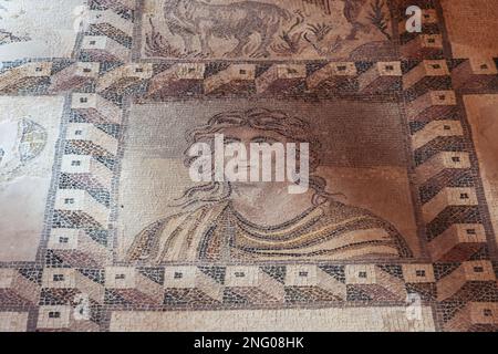 Das Four Seasons Mosaik im Haus der römischen Villa Dionysos im Archäologischen Park Paphos in Paphos Stadt, Zypern Inselland Stockfoto