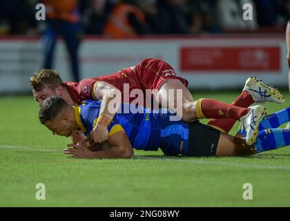 Wakefield, Großbritannien. 17. Februar 2023. Corey Hall of Wakefield Trinity erhält am 17. Februar 2023 einen Probelauf Wakefield Trinity gegen Catalan Dragons im Bell Vue, Wakefield, West Yorkshire, Großbritannien, mit dem Fotogutschein Craig Cresswell Photography Credit: Craig Cresswell/Alamy Live News Stockfoto