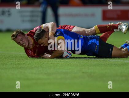 Wakefield, Großbritannien. 17. Februar 2023. Corey Hall of Wakefield Trinity erhält am 17. Februar 2023 einen Probelauf Wakefield Trinity gegen Catalan Dragons im Bell Vue, Wakefield, West Yorkshire, Großbritannien, mit dem Fotogutschein Craig Cresswell Photography Credit: Craig Cresswell/Alamy Live News Stockfoto