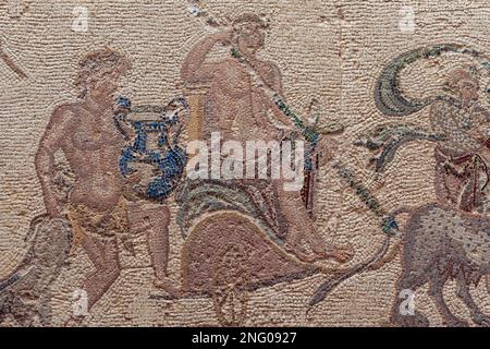 Triumph des Dionysos-Mosaiks im Haus der römischen Villa Dionysos im Archäologischen Park Paphos in Paphos, Zypern Inselland Stockfoto