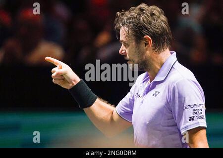 Rotterdam, Niederlande. 17. Februar 2023. ROTTERDAM, NIEDERLANDE - FEBRUAR 17: Stan Wawrinka aus der Schweiz reagiert während des Finalspiels der Männer im Singles Quarter gegen Jannik Sünner aus Italien am 5. Tag der 50. ABN AMRO Open im Rotterdam Ahoy am 17. Februar 2023 in Rotterdam, Niederlande (Foto von Joris Verwijst/BSR Agency) Kredit: Orange Pics BV/Alamy Live News Stockfoto