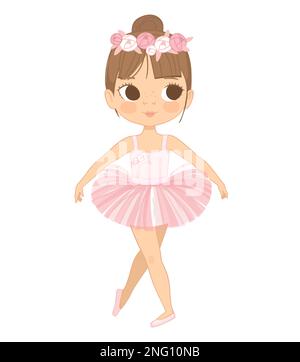 Süßes Braunes Haar Ballerina Girl Tanz. Die kleine Ballerina in einem rosa Tutu-Kleid und einem Kranz mit Rosenblumen. Vector, bezauberndes Mädchen in einem rosa Kleid. Isoliert Stock Vektor