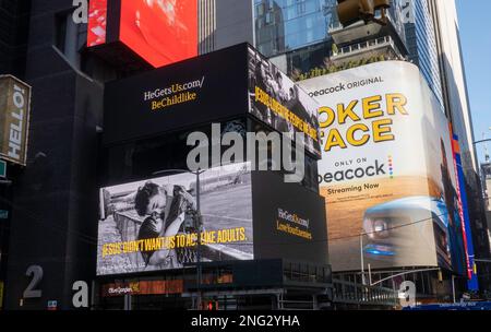 Hegetsus.com wirbt mit der Macht Jesu Christi auf einer elektronischen Reklametafel am Times Square, 2023, New York City, USA Stockfoto