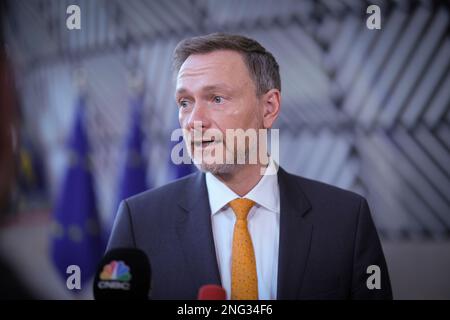 Nicolas Landemard / Le Pictorium - Sitzung der Eurogruppe in Brüssel. - 14/2/2023 - Belgien / Brüssel / Brüssel - Ankunft von Christian Lindner bei der Sitzung der Eurogruppe in Brüssel. Stockfoto