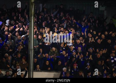 Greenock, Großbritannien. 17. Februar 2023. 17. Februar 2023; Cappielow Park, Greenock, Schottland: Scottish Championship Football Greenock Morton gegen Dundee; Greenock Morton Fans feiern am Ende des Spiels Credit: Action Plus Sports Images/Alamy Live News Stockfoto