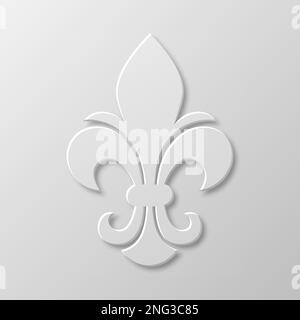 Vector Realistic Paper 3D Fleur De Lis Nahaufnahme auf weißem Hintergrund. Heraldisches Lily-Zeichen, Vektorbild Stock Vektor