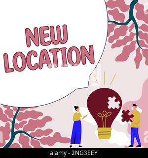 Schild mit der Anzeige „Neuer Ort“. Konzeptfoto an einem neuen Ort lokalisieren und Zuhause oder Geschäft gründen Stockfoto