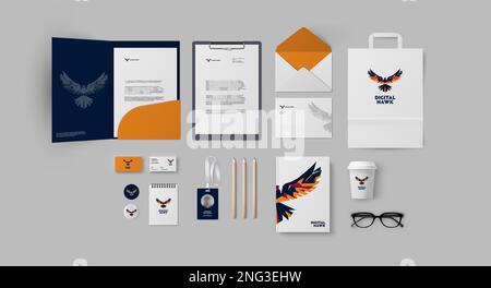 Firmenlogo in Blau und Orange mit minimalem Adler-Logo für Reiseunternehmen oder digitales Studio, einsatzbereites Schreibtischset und Druckversion Stock Vektor