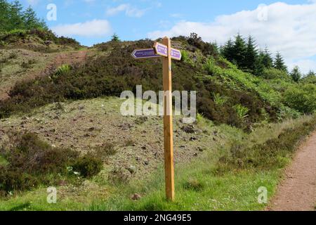 29. Juni 2014, Helensburgh, Argyll und Bute, Schottland. Wegweiser zu einem Aussichtspunkt abseits des John Muir Way in den Hügeln über Helensburgh. Stockfoto