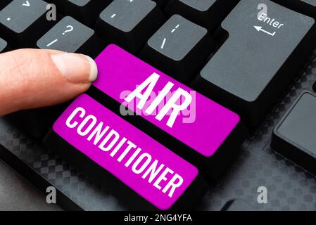 Schild mit der Aufschrift „Klimaanlage“. Business-Ideengeräte zum Waschen von Luft und zur Regelung von Luftfeuchtigkeit und Temperatur Stockfoto