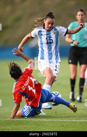 Auckland, Neuseeland. 17. Februar 2023. Florencia Bonsegundo von der argentinischen Frauen-Fußballnationalmannschaft während der FIFA Frauen-Weltmeisterschaft 2023 im North Harbour Stadium in Aktion gesehen. Endergebnis: Argentinien 4:0 Chile Kredit: SOPA Images Limited/Alamy Live News Stockfoto