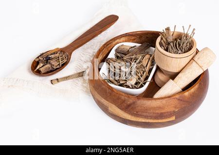 Getrocknetes Heilkraut - Schwalbenschwanz; Fotopolitischer Hintergrund Stockfoto