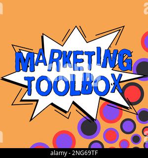 Schreiben mit Anzeige von Text Marketing Toolbox. Wort für Mittel zur Förderung eines Produkts oder einer Dienstleistung Automatisierung Stockfoto