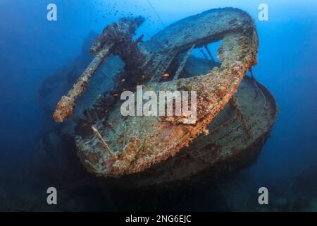 SS Thistlegorm Schiffswrack, ein britisches Frachtschiff, das 1941 während des Zweiten Weltkriegs von deutschen Bomberflugzeugen versenkt wurde, mit Turm, Ras Muhammad Nation Stockfoto